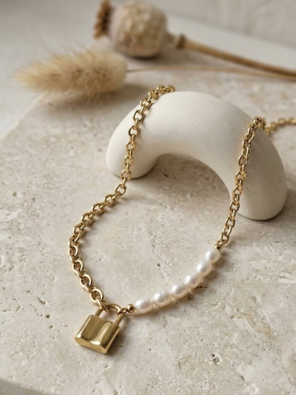 18K Gold Plated Love You Padlock Pearl Necklace 17" Coquette Old Money Gold